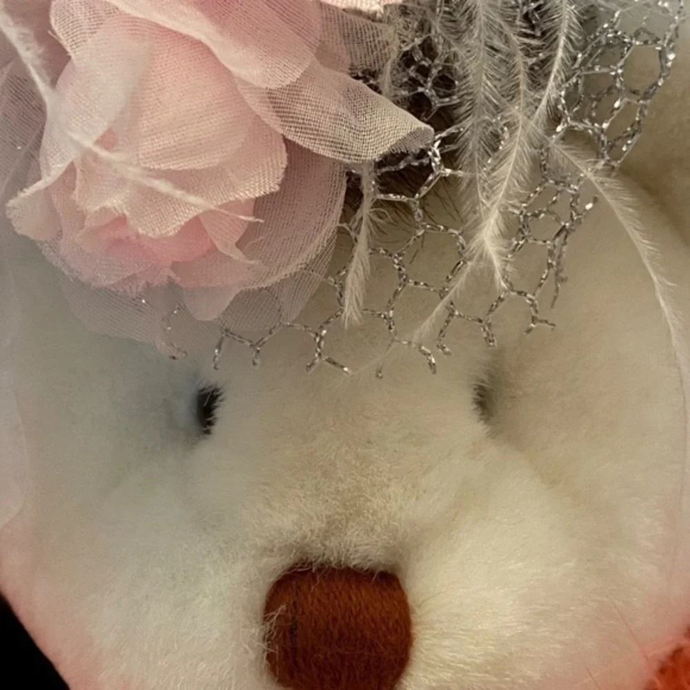 ADORABLE WHITE BEAR OUTFITTED WITH TAN HAT AND PINK ROSE WITH VEIL
